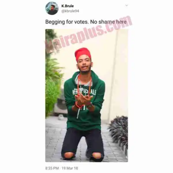 BBNaija: K.Brule Kneels Down, Begs Fans To Vote Him Back To House, Fans React